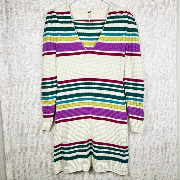 Free People Striped Multicolor Gidget Waffle Knit V-Neck Sweater Dress - Picture 2 of 6